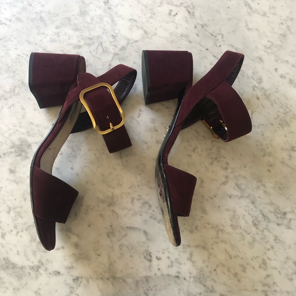 Prada Burgundy Open Toe Block Heel Sandals - Picture 2 of 5